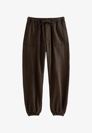 Pantalon de jogging en coton marron avec taille élastique, cordon de serrage, poches plaquées à l'avant et poignets élastiques aux chevilles.