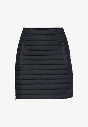 Black insulated skirt with horizontal quilting, featuring two side pockets and a zip closure at the hem. Brand label on the front.