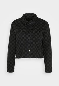 Black and dark gray checkered cropped denim jacket with front buttons, chest flap pockets, and long sleeves.