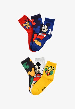 Six chaussettes colorées pour chevilles avec des motifs de Mickey Mouse et Pluto, disposées en deux groupes sur un fond blanc.