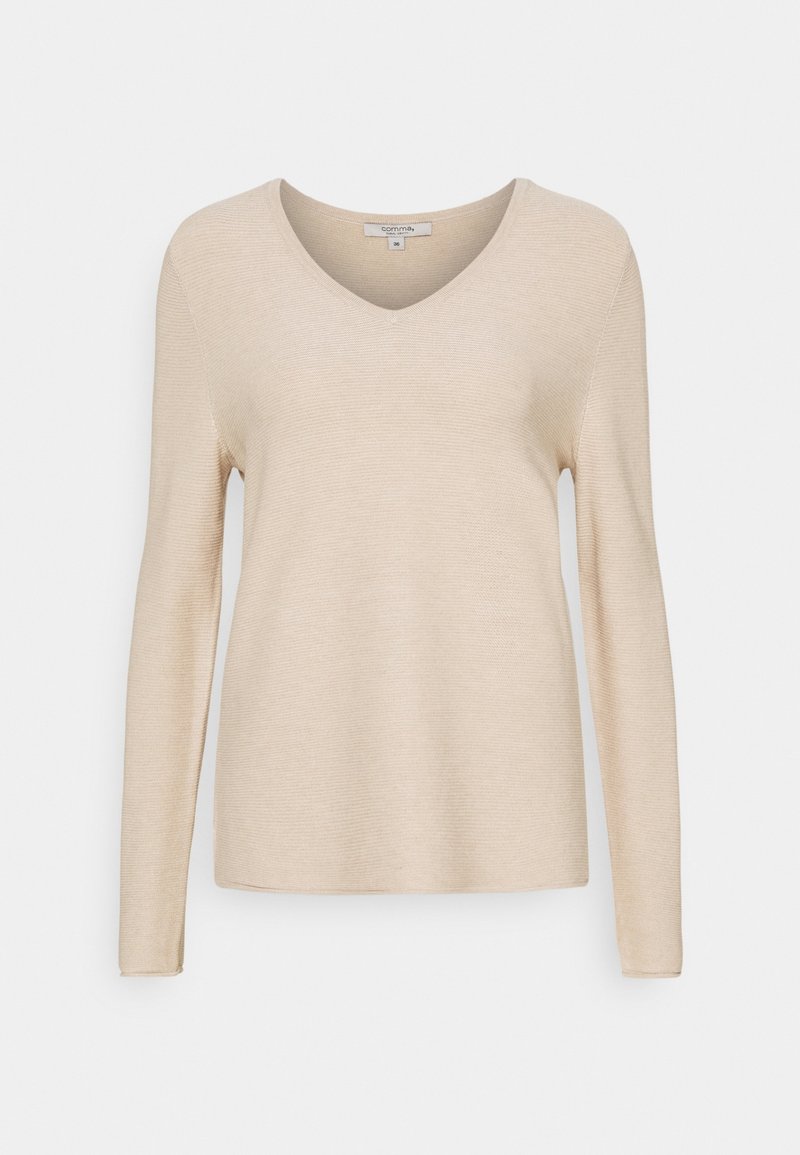 Beige trui met lange mouwen, een V-hals, geribbeld patroon en een ontspannen pasvorm. Het materiaal lijkt zacht en lichtgewicht.