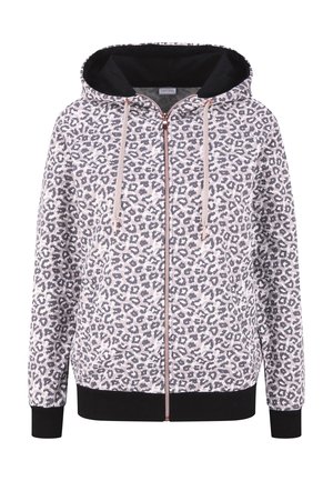 Leopardenmuster-Hoodie mit Reißverschluss vorne, kontrastierenden schwarzen Innenfutter der Kapuze, Kordeln sowie gerippten Bündchen und Saum. Hergestellt aus weichem Stoff.
