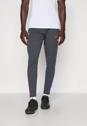 Pantalons de sport slim-fit gris avec des accents rouges et bleus, fabriqués en matériau léger. Présente un logo doré et des poignets côtelés.