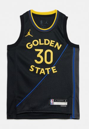 Черна баскетболна фланелка на Golden State Warriors с жълт номер 30, жълто и синьо ръбче и лога на NBA и марката Jordan.
