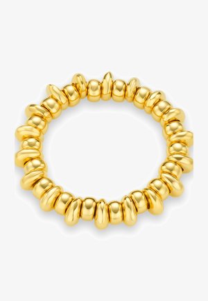 Bague élastique en ton or composée de perles lisses et arrondies avec une finition brillante, présentant un design continu et flexible.