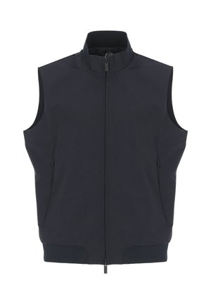Gilet nero senza maniche con zip, collo alto e tasche laterali, realizzato in tessuto liscio.