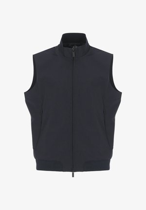 Gilet nero senza maniche con zip, collo alto e tasche laterali, realizzato in tessuto liscio.