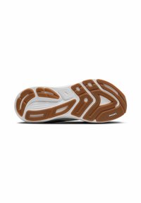 Suola della scarpa con un design in gomma bianca e marrone, caratterizzata da motivi testurizzati e scanalature per una migliore aderenza. Logo "BROOKS" visibile sul lato.