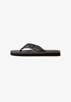 Black flip-flop with a textured footbed and a striped strap. Features a logo on the strap and a layered sole design for comfort.