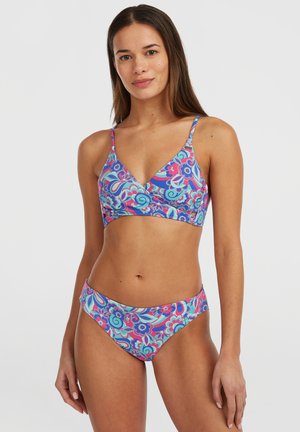 Zestaw bikini z wielokolorowym wzorem kwiatowym w odcieniach różu, niebieskiego i zielonego. Miękki, elastyczny materiał, z trójkątnym stanikiem i niskimi majtkami.