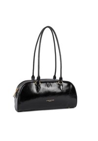 Black leather handbag with a shiny finish, rounded shape, gold hardware accents, and dual straps. Logo visible on the front.