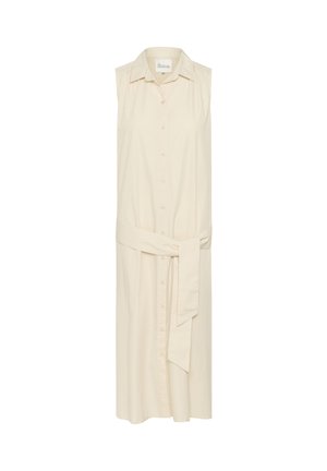 Hihaton beige mekko, jossa on nappikiinnitys edessä, vyötäröllä vyö ja kaulus. Mekossa on suora leikkaus ja pehmeä, sileä kangas.
