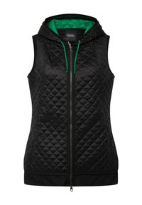 Gestepptes schwarzes ärmelloses Vest mit Kapuze, ausgestattet mit einem grünen Innenfutter, einem Reißverschluss vorne und kontrastierenden grünen Kordeln.