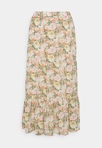 Kukkakuvioinen midihame, jossa on kerätty vyötärö, vaalean beigen tausta ja pinkkejä, oransseja sekä vihreitä kukkakuoseja; röyhelöreuna.