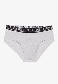 Graue Baumwollunterwäsche mit einem schwarzen Bund, auf dem der Text "PIER ONE" steht. Das Design umfasst eine klassische Slip-Form und eine glatte Textur.