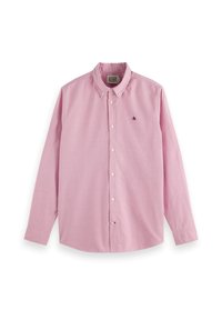 Camisa de manga larga de botón de color rosa claro, hecha de algodón. Cuenta con un collar tipo botón y un pequeño logotipo bordado en púrpura oscuro.