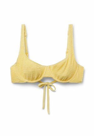 Gul tekstureret bikinitop med justerbare stropper og en bindeknude foran i midten, designet til badetøj.