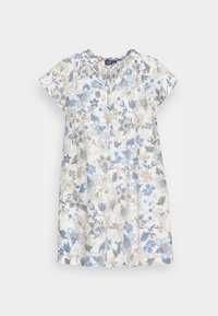 Floralkleid aus leichtem Stoff, mit kurzen Ärmeln, einer durchgeknöpften Vorderseite und einem hellblauen und goldenen Blumenmuster auf weißem Hintergrund.