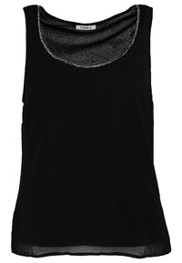 Débardeur noir sans manches avec un col arrondi et une bordure texturée argentée le long de l'encolure, fabriqué en tissu léger et doux.