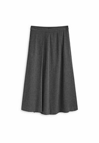 Grå, knä-lång kjol i texturerad tyg, med veckad design och elastiskt midjeband. Ingen fickor eller extra detaljer.