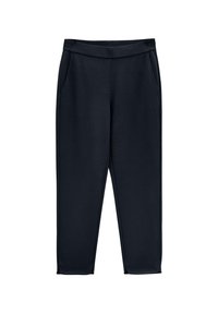 Marina blå mjukisbyxor i texturerat tyg, med ett brett elastiskt midjeband, två sidofickor och avsmalnande ben.