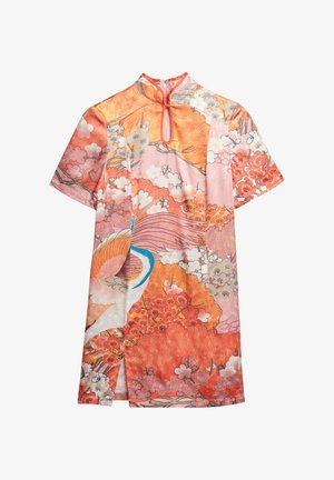 Silk dress featuring a mandarin collar, short sleeves, and a keyhole detail. Floral patterns in orange, pink, and accents of blue.