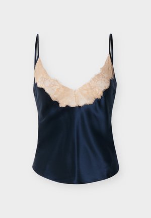 Navy satin camisole with beige lace trim along the neckline and thin adjustable shoulder straps.