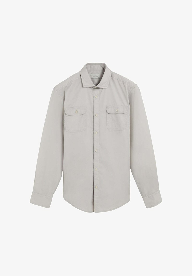 Lichtgrijze langarmshirt met een knoopsluiting kraag, twee voorzakken en een relaxte pasvorm. Gemaakt van zachte stof met een gladde textuur.