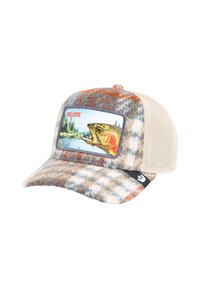 Trucker cap with a colorful plaid fabric, featuring a mesh back and a rectangular patch depicting a fish with "Nice Catch" text above.