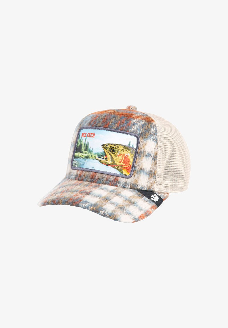 Trucker cap with a colorful plaid fabric, featuring a mesh back and a rectangular patch depicting a fish with "Nice Catch" text above.
