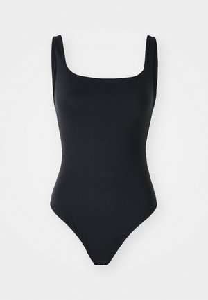 Black one-piece swimsuit with a square neckline, wide shoulder straps, and high-cut legs. Smooth, stretchy fabric without patterns or embellishments.
