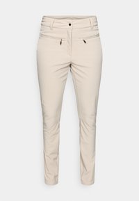 Beige, slim-fit broek met een gladde textuur, voorzien van twee leren zakken, lussen voor een riem en een enkele frontale knoopsluiting.