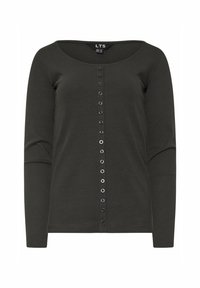 Pitkähiha, ribattua kangasta oleva toppi tummanvihreänä, jossa on leveä pyöreä pääntie. Varustettu keskellä napituslistalla, jossa on tummia nappeja, ja se istuu hyvin vartalonmyötäisesti.