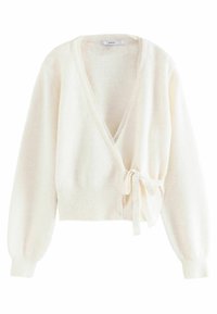 White, soft wrap sweater with long, balloon sleeves. Features a v-neck, tied waist, and ribbed hem. Cozy texture for warm layering.