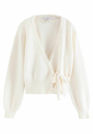 White, soft wrap sweater with long, balloon sleeves. Features a v-neck, tied waist, and ribbed hem. Cozy texture for warm layering.