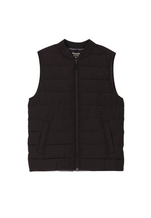 Chaleco acolchado sin mangas de color negro con cierre de cremallera, patrón de acolchado horizontal y dos bolsillos laterales. Fabricado en material ligero.