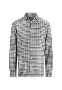Langärmliges Hemd mit grauem, blauem und beigefarbenem karierten Muster und einem spitzen Kragen, auf einem weißen Hintergrund präsentiert.