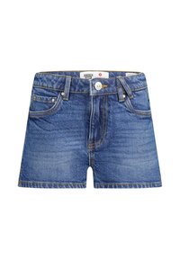 Shorts in denim di un blu medio con quattro tasche, cuciture gialle e chiusura con bottone frontale. Presentano un taglio classico e una texture liscia.