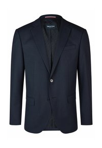 Marineblaues Sakko aus strukturiertem Stoff; verfügt über ein einreihiges Design, zwei Vordertaschen und ein gemustertes Innenfutter.