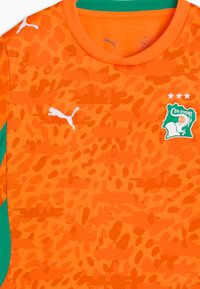 Camiseta deportiva naranja con paneles laterales verdes, logo de Puma y escudo de fútbol de Costa de Marfil que presenta un elefante y tres estrellas.