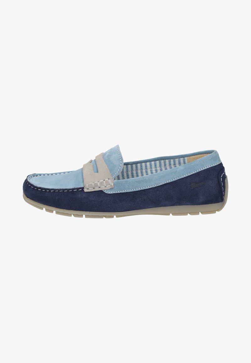 Blaue Wildleder-Loafer mit einem hellblauen und beige farbigen Akzentband, gesteppten Details und einer flexiblen Gummisohle. Paisley-Futter ist innen sichtbar.