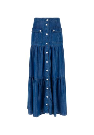 Denim maxi rok met een gelaagd ontwerp, voorzien van een knopen voorkant, twee grote borstzakken en een donkerblauwe wassing. Zilverkleurige knopen accentueren.