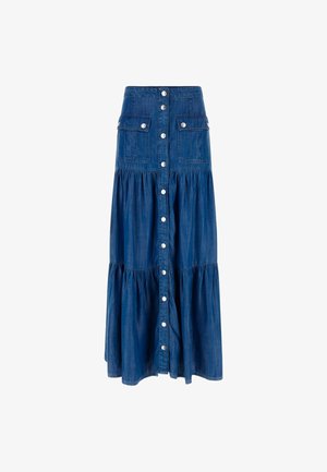 Denim maxi skirt with a tiered design, featuring a button front, two large chest pockets, and a dark blue wash. Silver-tone buttons accentuate.