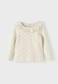 Maglione tricotato color crema con un motivo testurizzato, collo arricciato e maniche lunghe. Presenta una chiusura a bottoni sul retro.