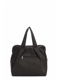 Black fabric tote bag with two short handles, zippered front pocket, and a soft, textured surface. Minimalistic design with no visible patterns.