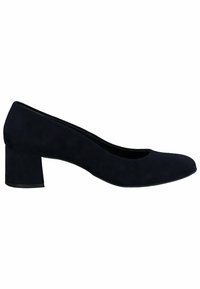 Décolleté in suede nero con punta arrotondata e tacco a blocco. Texture liscia e design minimalista senza motivi o accenti visibili.