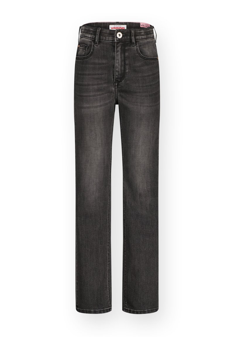Jeans dritti in denim grigio scuro con una leggera lucentezza. Presentano un classico design a cinque tasche, chiusura con bottone e etichetta con marchio sulla vita.
