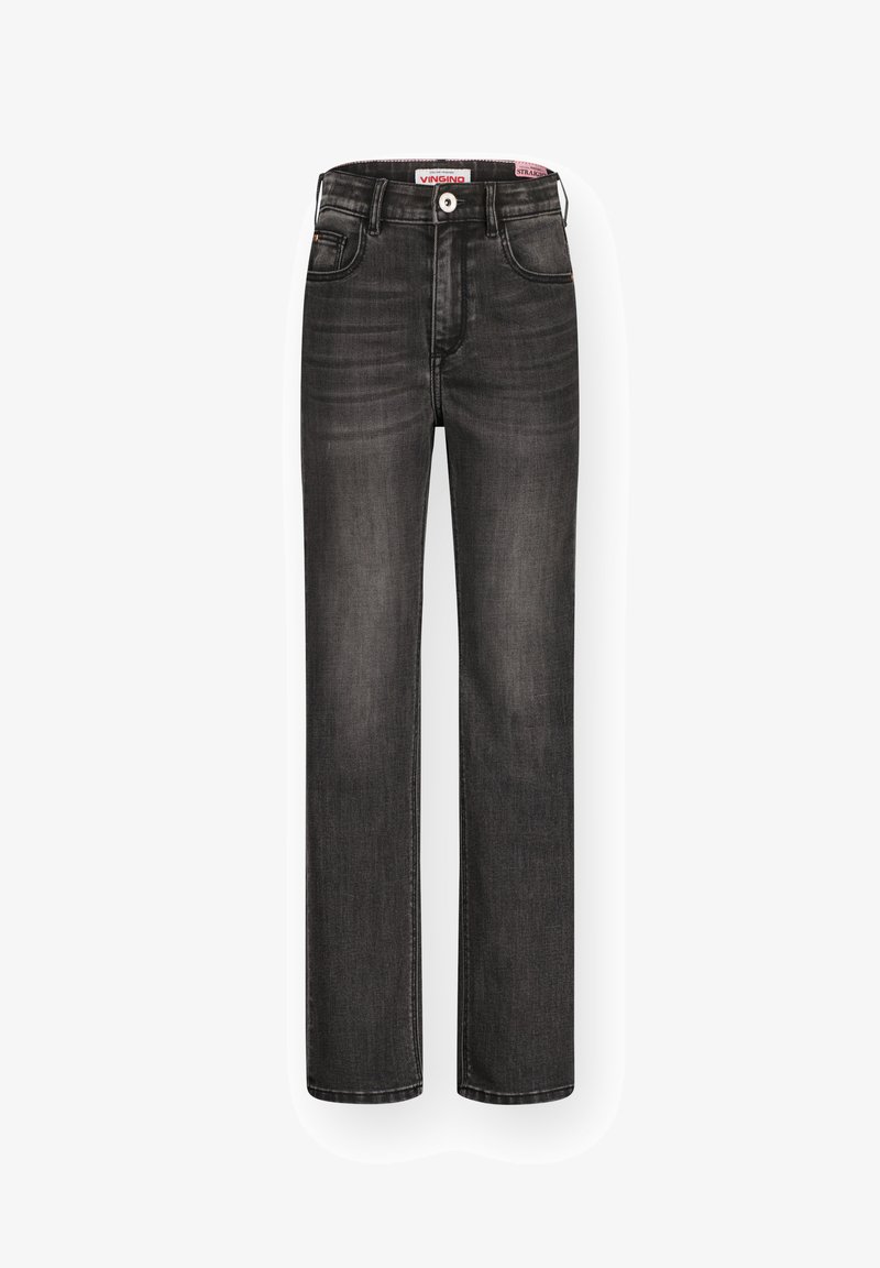 Jeans dritti in denim grigio scuro con una leggera lucentezza. Presentano un classico design a cinque tasche, chiusura con bottone e etichetta con marchio sulla vita.