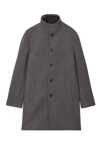 Abrigo de lana gris con un alto cuello, siete botones negros y dos bolsillos laterales. Textura suave y diseño entallado, que proporciona una silueta moderna.