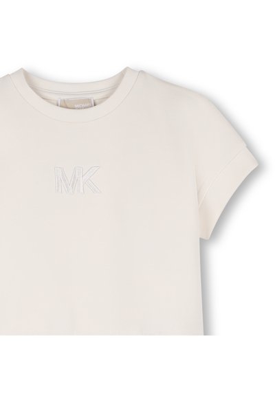 Βαμβακερό T-shirt σε εκρού χρώμα, με ριμπ λαιμόκοψη, κοντά μανίκια που είναι γυρισμένα και κεντημένο λογότυπο "MK" στο στήθος.